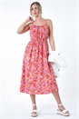 Orange Floral Print Shirred Midi Dress, Image 2 of 5