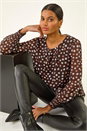 Chocolate Spot Print Shirred Cuff Top, Image 1 of 5