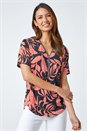ORANGE Leaf Print Zip Detail V-Neck Stretch Top, Image 1 of 5