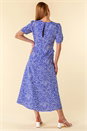Royal Blue Animal Print Frill Detail Midi Dress, Image 2 of 4