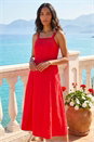 Red Linen Blend Lace Trim Midi Dress, Image 1 of 4