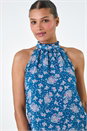 Blue Floral Print Halter Neck Frill Top, Image 4 of 5
