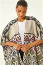 Natural  Jacquard Tassel Trim Poncho, Image 4 of 5