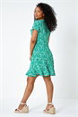 Green Petite Floral Print Ruffle Wrap Skater Dress, Image 3 of 5