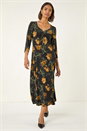 Yellow Floral Print Ruched Stretch Midi Dress, Image 2 of 5