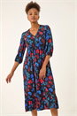 Blue Floral Print Lace Trim Midi Dress, Image 4 of 5