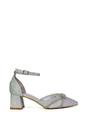 Silver 'Sarah' Ankle Strap Pointed Toe Diamante Mid Block Heels, Image 1 of 5