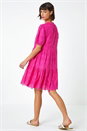 Fuchsia Embroidered Tiered Cotton Smock Dress, Image 2 of 6