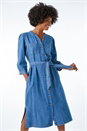 Denim Belted Denim Midi Shirt Dress, Image 2 of 5