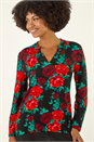 Red Floral Print V-Neck Chiffon Top, Image 4 of 5