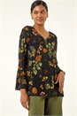 Black Floral Print V-Neck Stretch Lace Top, Image 4 of 5