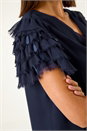 Midnight Blue Cowl Neck Shoulder Sequin Frill Top, Image 4 of 4