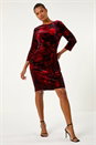 Red Velvet Rose Print Side Twist Shift Dress, Image 3 of 5