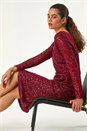 Red Sequin Front Wrap Midi Stretch Dress, Image 1 of 5