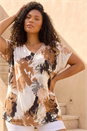 Brown Curve Printed V-Neck Woven Top, Image 1 of 4