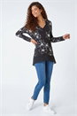 Black Floral Print Chiffon Hem Stretch Top , Image 2 of 5