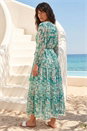 Green Printed Metallic Tie Waist Maxi Dress , Image 3 of 4