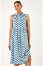 Blue Geometric Diamond Collared Swing Dress, Image 1 of 5