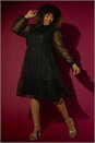 Gold Curve High Neck Metallic Overlay Swing Dress, Image 6 of 7