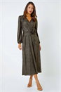 Black Metallic Star Print Corsage Midi Wrap Dress, Image 2 of 5