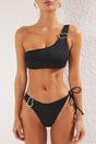 Black One Shoulder Bikini Set with Hardware Detail and Tie Side Bottom, Image 3 of 4