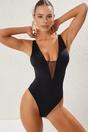 Black Plunge Mesh Panel Detail High Leg Swimsuit, Image 1 of 5