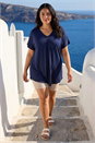 Navy  Curve Pleat Front V-Neck Stretch Top, Image 1 of 4
