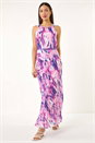 Purple Blurred Print Pleated Maxi Dress, Image 3 of 5