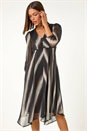 Black Stripe Print V-Neck Hanky Hem Midi Dress, Image 4 of 5