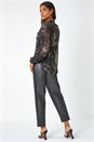 Black Metallic Floral Print V-Neck Ruffle Top, Image 3 of 5