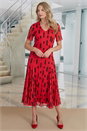 Red Julianna Print Mesh V-Neck Godet Dress, Image 2 of 3
