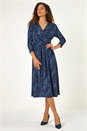 Blue Animal Print Mock Wrap Midi Dress, Image 2 of 5