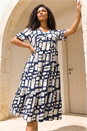 Navy  Curve Print Tiered V-Neck Dress, Image 2 of 4