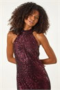 Maroon Dusk Sequin Halter Trapeze Dress, Image 4 of 7