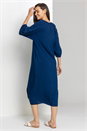 Navy  Buttoned Notch Neck A-Line Dress, Image 2 of 5