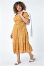 Yellow Curve Printed Crinkle Shirred Midi Dress, Image 2 of 5
