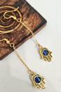 Gold Handmade Long Chain Hamsa Hand & Evil Eye Drop Earrings, Image 2 of 3