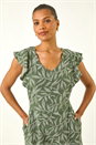 Khaki Leaf Print Linen Blend Playsuit, Image 4 of 5