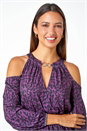 Purple Animal Print Cold Shoulder Stretch Top, Image 3 of 5