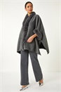 Grey Textured Faux Fur Trim Cape, Image 3 of 5