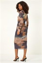Rust Dusk Abstract Plisse Stretch Mesh Midi Dress, Image 3 of 7