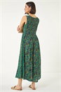 Teal Paisely Leaf Print Shirred Midi Dress, Image 3 of 5