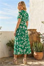 Green Flower Print Pleat Neck Midi Dress, Image 3 of 4