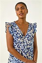 Blue Animal Print Frill Sleeve Blouse, Image 4 of 5