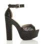 Black AJVANI Black Glitter Ankle Strap Peep Toe Platform High Heels, Image 2 of 8