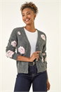 Grey Embossed Floral Knit Cardigan, Image 4 of 5