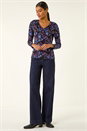 Blue Floral V-Neck Stretch Top, Image 2 of 5