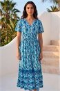 Blue Petite Aztec Print Button Midi Dress , Image 1 of 4
