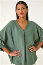 KHAKI Pleated V-Neck Stretch Tunic Top, Image 1 of 5