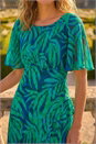 Teal Leaf Print Chiffon Frill Midi Dress, Image 4 of 4